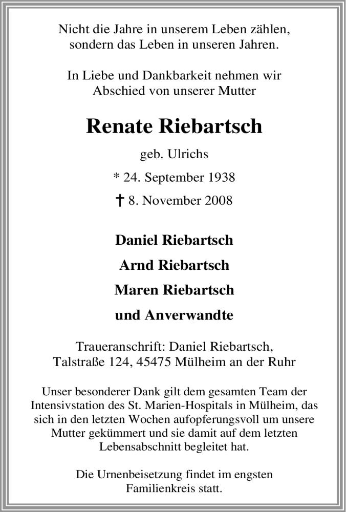  Traueranzeige für Renate Riebartsch vom 11.11.2008 aus Tageszeitung