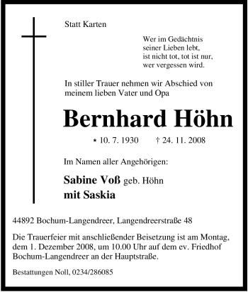 Traueranzeige von Bernhard Höhn von Tageszeitung