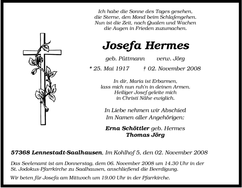 Traueranzeigen von Josefa Hermes | Trauer-in-NRW.de