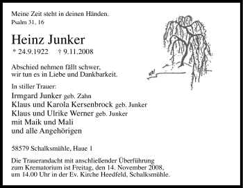 Traueranzeige von Heinz Junker von Tageszeitung