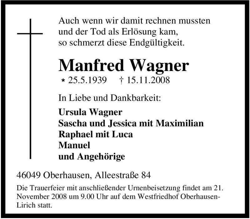  Traueranzeige für Manfred Wagner vom 18.11.2008 aus Tageszeitung