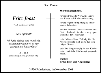 Traueranzeige von Fritz Joost von Tageszeitung