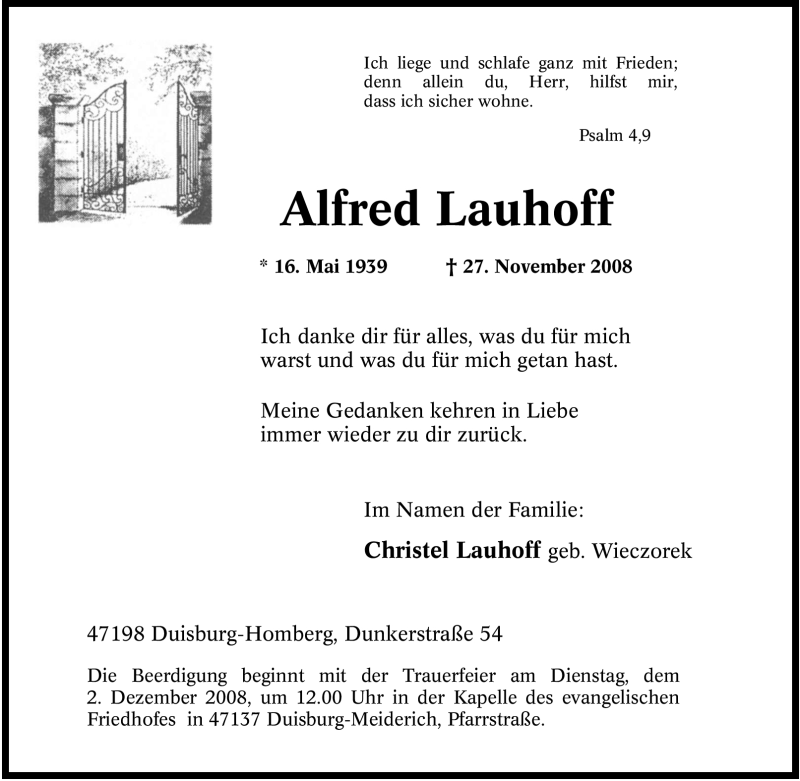  Traueranzeige für Alfred Lauhoff vom 29.11.2008 aus Tageszeitung