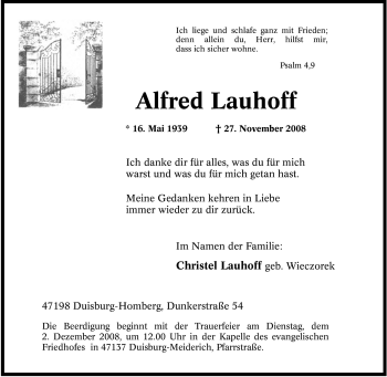 Traueranzeige von Alfred Lauhoff von Tageszeitung