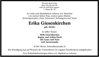 Traueranzeige von Erika Giesenkirchen von Tageszeitung