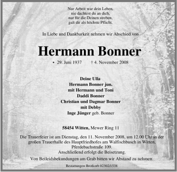 Traueranzeige von Hermann Bonner von Tageszeitung