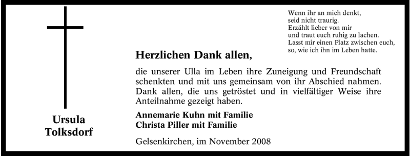  Traueranzeige für Ursula Tolksdorf vom 04.11.2008 aus Tageszeitung