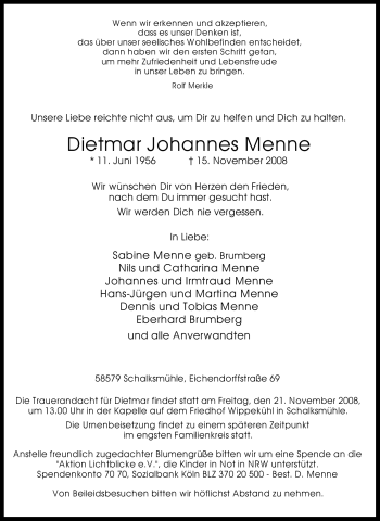 Traueranzeige von Dietmar Johannes Menne von Tageszeitung