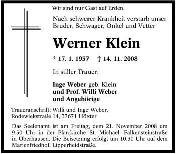 Traueranzeige von Werner Klein von Tageszeitung