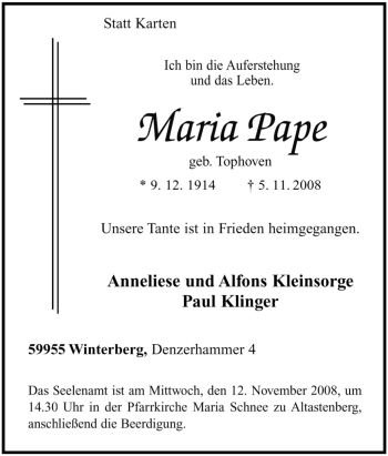 Traueranzeige von Maria Pappe von Tageszeitung
