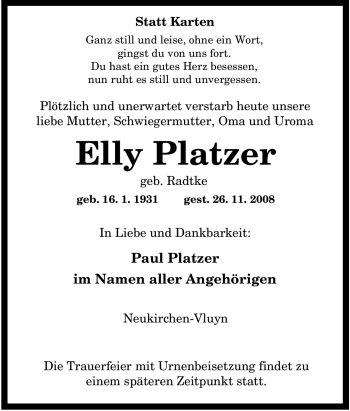 Traueranzeige von Elly Platzer von Tageszeitung