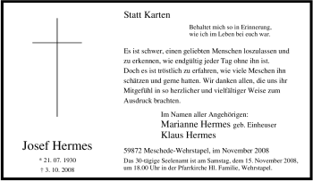 Traueranzeige von Josef Hermes von Tageszeitung