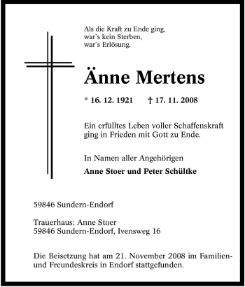 Traueranzeige von Änne Mertens von Tageszeitung