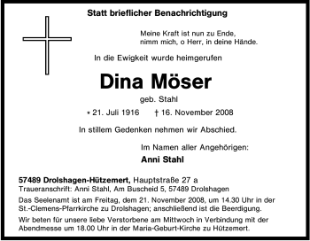 Traueranzeige von Dina Möser von Tageszeitung