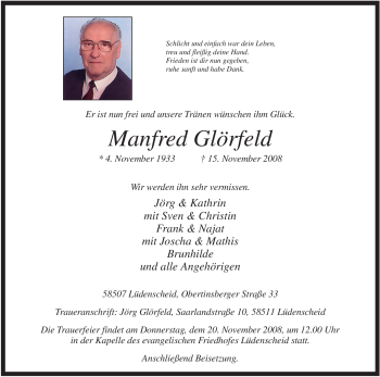 Traueranzeige von Manfred Glörfeld von Tageszeitung