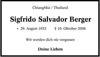 Traueranzeige von Sigfrido Salvador Berger von Tageszeitung