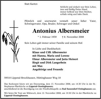 Traueranzeige von Antonius Albersmeier von Tageszeitung
