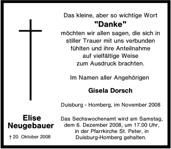 Traueranzeige von Elise Neugebauer von Tageszeitung