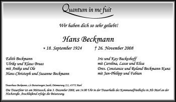Traueranzeige von Hans Beckmann von Tageszeitung