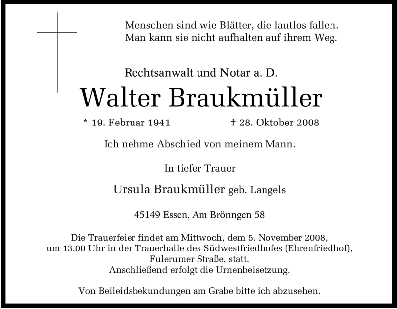  Traueranzeige für Walter Braukmüller vom 01.11.2008 aus Tageszeitung