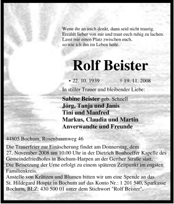 Traueranzeige von Rolf Beister von Tageszeitung