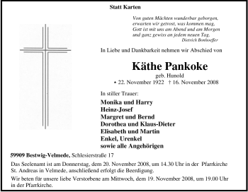 Traueranzeige von Käthe Pankoke von Tageszeitung