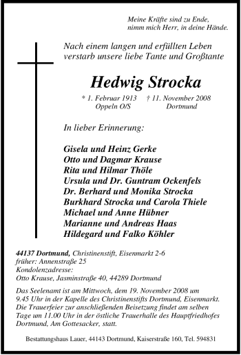 Traueranzeige von Hedwig Strocka von Tageszeitung