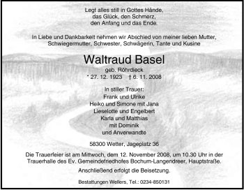 Traueranzeige von Waltraud Basel von Tageszeitung