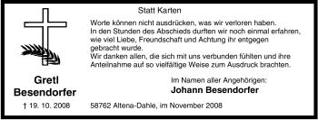 Traueranzeige von Gretl Besendorfer von Tageszeitung