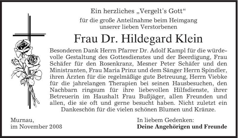  Traueranzeige für Hildegard Klein vom 08.11.2008 aus Tageszeitung
