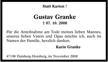 Traueranzeige von Gustav Granke von Tageszeitung