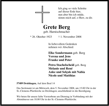 Traueranzeige von Grete Berg von Tageszeitung