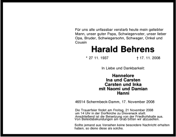 Traueranzeige von Harald Behrens von Tageszeitung