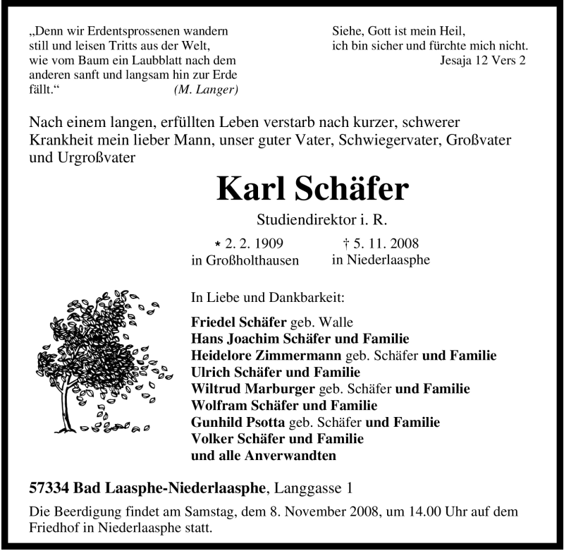  Traueranzeige für Karl Schäfer vom 06.11.2008 aus Tageszeitung