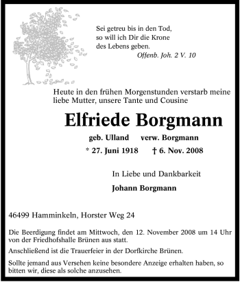 Traueranzeige von Elfriede Borgmann von Tageszeitung