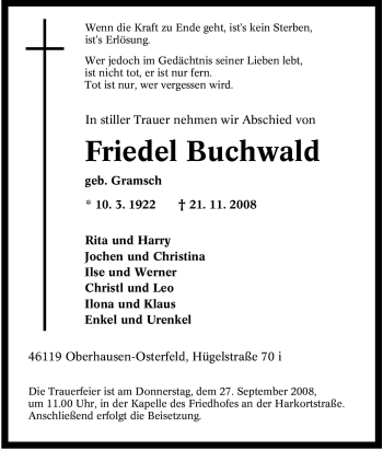 Traueranzeige von Friedel Buchwald von Tageszeitung