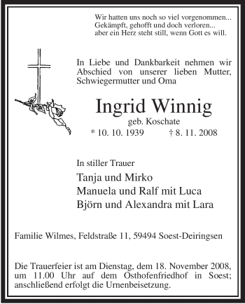 Traueranzeige von Ingrid Winnig von Tageszeitung