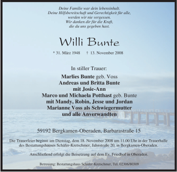 Traueranzeige von Willi Bunte von Tageszeitung