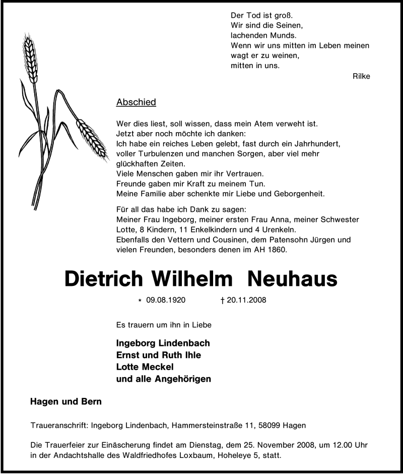  Traueranzeige für Dietrich Wilhelm Neuhaus vom 21.11.2008 aus Tageszeitung