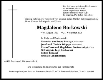 Traueranzeige von Magdalene Borkowski von Tageszeitung