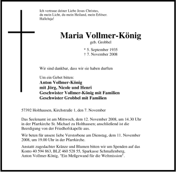 Traueranzeige von Maria Vollmer-König von Tageszeitung