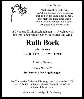 Traueranzeige von Ruth Bork von Tageszeitung