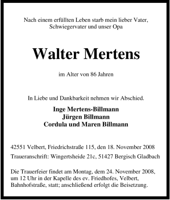 Traueranzeige von Walter Mertens von Tageszeitung