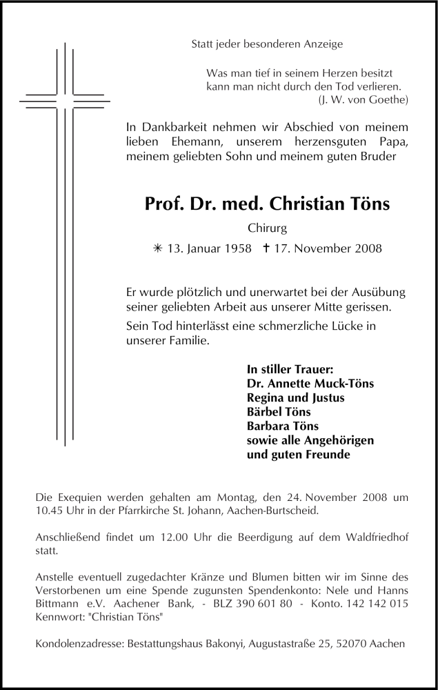  Traueranzeige für Christian Töns vom 20.11.2008 aus Tageszeitung