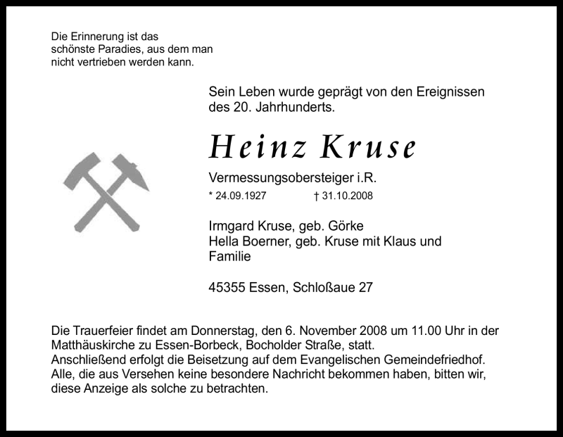  Traueranzeige für Heinz Kruse vom 03.11.2008 aus Tageszeitung