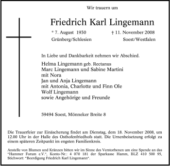 Traueranzeige von Friedrich Karl Lingemann von Tageszeitung