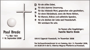 Traueranzeige von Paul Brede von Tageszeitung