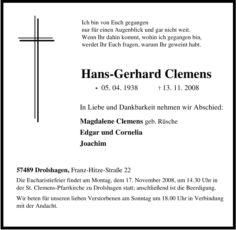  Traueranzeige für Hans-Gerhard Clemens vom 15.11.2008 aus Tageszeitung