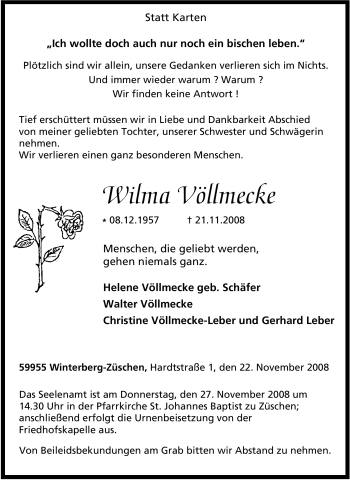 Traueranzeige von Wilma Völlmecke von Tageszeitung