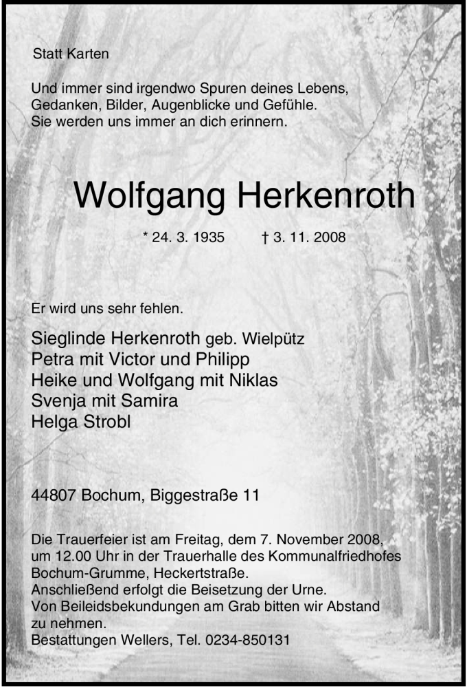  Traueranzeige für Wolfgang Herkenroth vom 05.11.2008 aus Tageszeitung